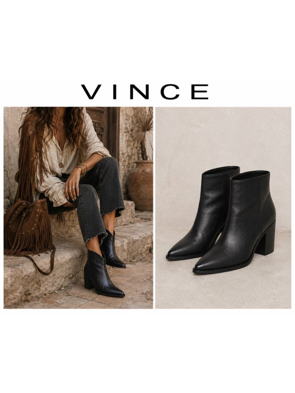 VINCE Made in Italy Black Leather Pointed Toe Block Heel Ankle Boots 7.5